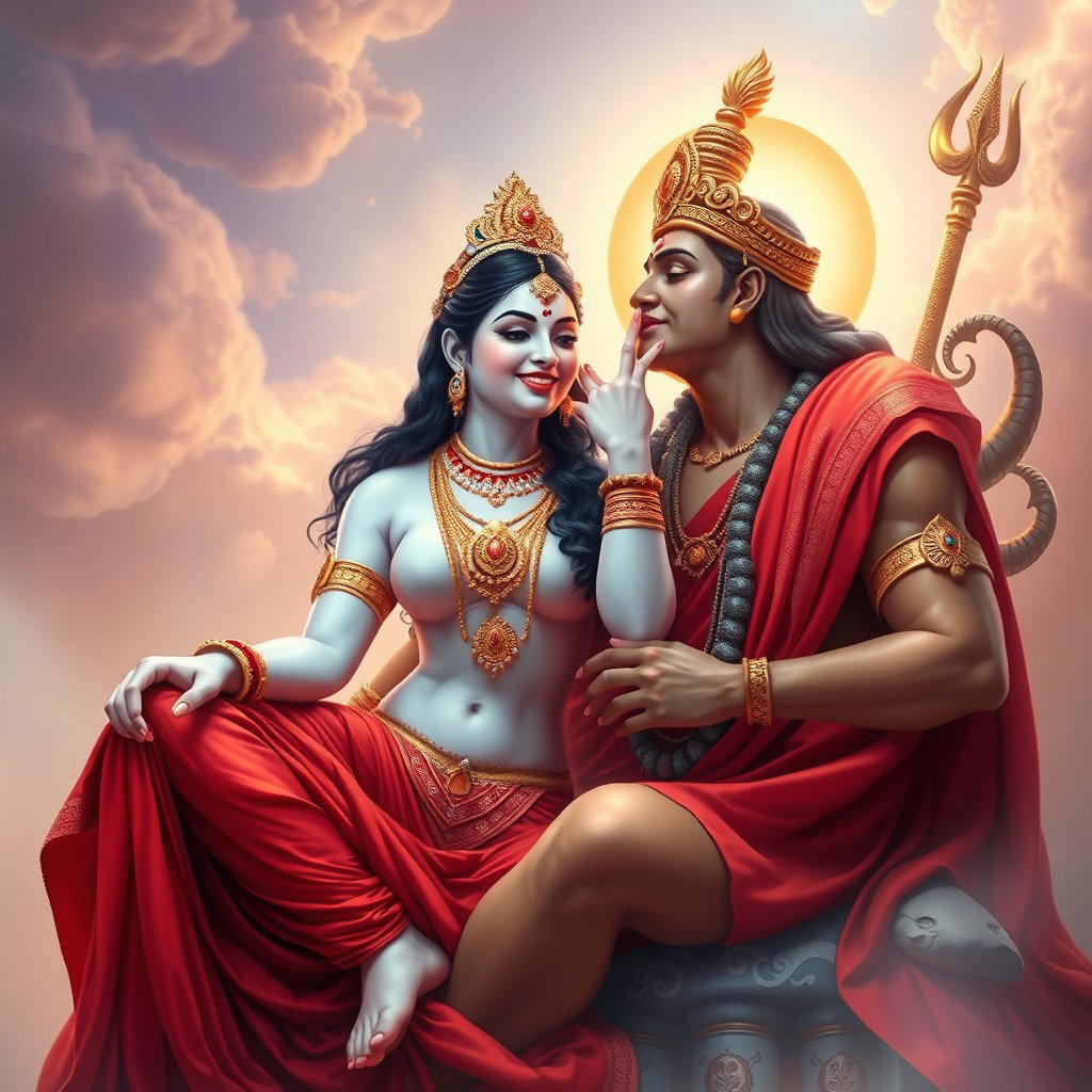 A stunning Devi goddess with smooth, glowing milk-colored skin, adorned with exquisite jewelry around her neck and delicate payal on her feet, elegantly wearing a vibrant red saree