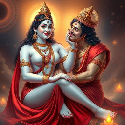 A stunning Devi goddess with smooth, glowing milk-colored skin, adorned with exquisite jewelry around her neck and delicate payal on her feet, elegantly wearing a vibrant red saree