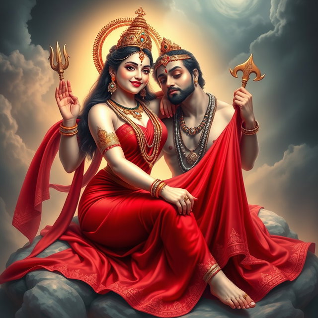 A stunning Devi goddess with smooth, glowing milk-colored skin, adorned with exquisite jewelry around her neck and delicate payal on her feet, elegantly wearing a vibrant red saree