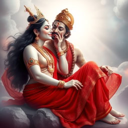 A mesmerizing Devi goddess with smooth, glowing milk-colored skin, adorned with beautiful jewelry around her neck and delicate payal on her feet, wearing a vibrant red saree