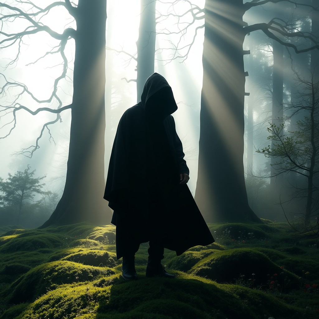 A solitary man standing in a misty forest, his face obscured by shadows and fog
