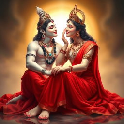 A mesmerizing Devi goddess with smooth, glowing milk-colored skin, adorned with beautiful jewelry around her neck and delicate payal on her feet, wearing a vibrant red saree