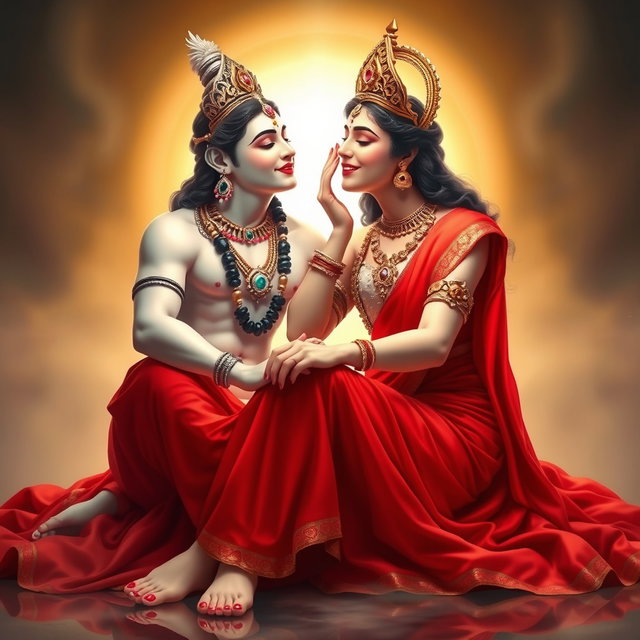 A mesmerizing Devi goddess with smooth, glowing milk-colored skin, adorned with beautiful jewelry around her neck and delicate payal on her feet, wearing a vibrant red saree