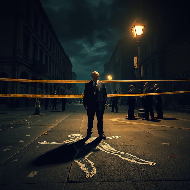 A tense crime scene with a focus on a mysterious figure—a man without a face—dressed in a dark suit standing near a chalk outline of a victim on the ground