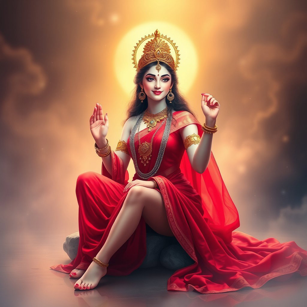 An alluring representation of a divine goddess with luminous milk-glow skin, adorned with stunning jewelry around her neck and delicate payals on her feet