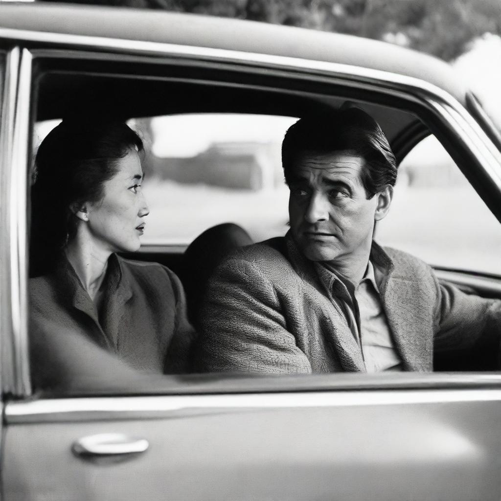 A man and woman comfortably seated inside a car, engrossed in a meaningful conversation