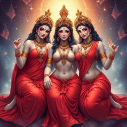 A captivating and ethereal illustration of three divine Hindu goddesses with milk-glow skin, adorned in stunning jewelry around their necks and delicate anklets (payal) on their feet