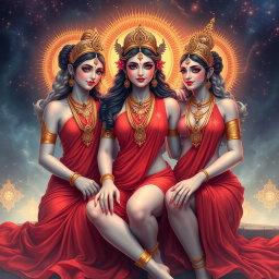 A captivating and ethereal illustration of three divine Hindu goddesses with milk-glow skin, adorned in stunning jewelry around their necks and delicate anklets (payal) on their feet