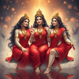 A captivating and ethereal illustration of three divine Hindu goddesses with milk-glow skin, adorned in stunning jewelry around their necks and delicate anklets (payal) on their feet