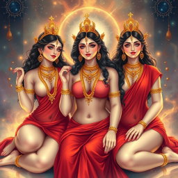 A captivating and ethereal illustration of three divine Hindu goddesses with milk-glow skin, adorned in stunning jewelry around their necks and delicate anklets (payal) on their feet