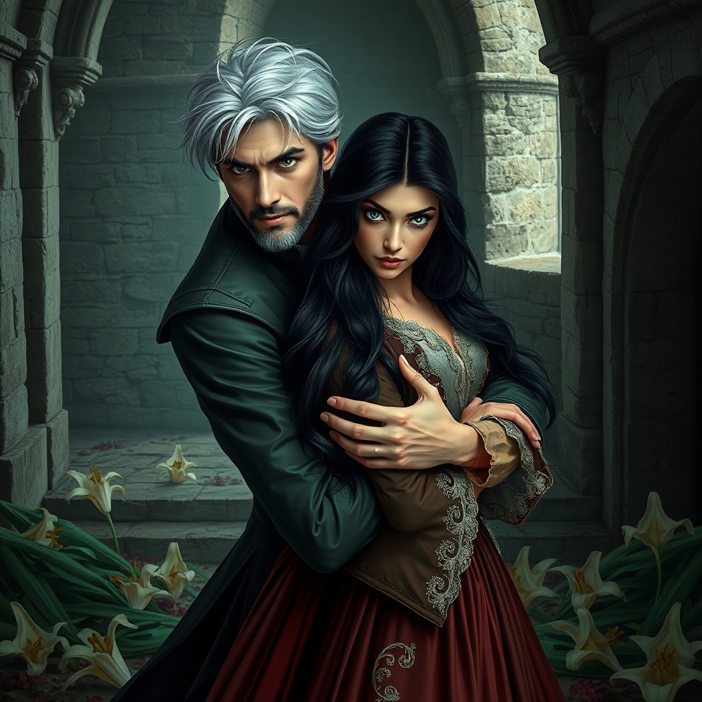 A scene inside an ancient castle where a man with striking white hair and bluish-black eyes, dressed in a beautiful old-fashioned outfit and with no beard, is holding an attractive woman from behind