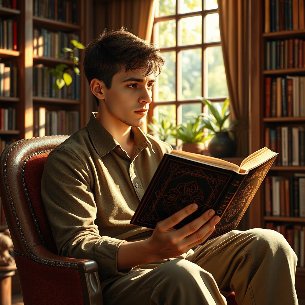 A wise and honest young man sitting on a chair, deeply engrossed in reading a book while contemplating his future