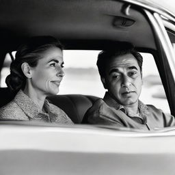 A man and woman comfortably seated inside a car, engrossed in a meaningful conversation