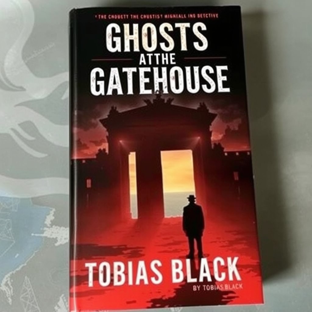 A captivating book cover for a novel titled 'Ghosts at the Gatehouse' by author Tobias Black