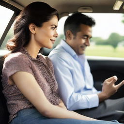 A man and woman comfortably seated inside a car, engrossed in a meaningful conversation