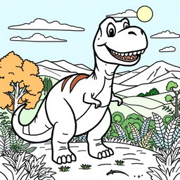 A fun and engaging coloring page featuring a large, friendly dinosaur standing in a lush prehistoric landscape