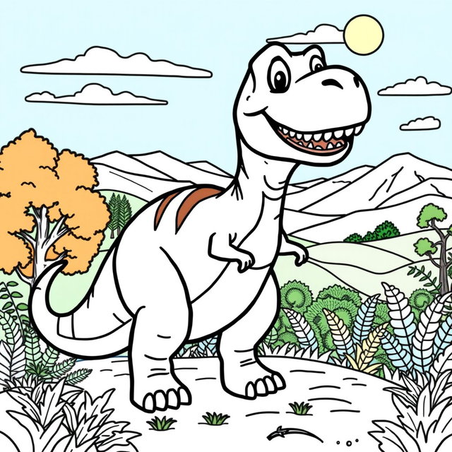 A fun and engaging coloring page featuring a large, friendly dinosaur standing in a lush prehistoric landscape