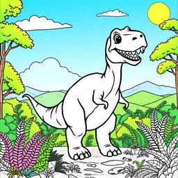 A fun and engaging coloring page featuring a large, friendly dinosaur standing in a lush prehistoric landscape