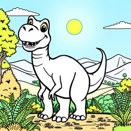 A fun and engaging coloring page featuring a large, friendly dinosaur standing in a lush prehistoric landscape