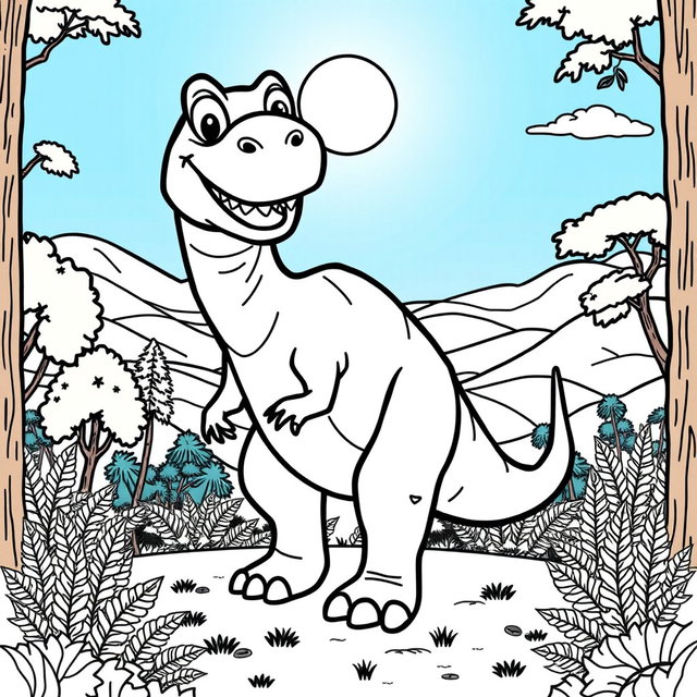 A fun and engaging coloring page featuring a large, friendly dinosaur standing in a lush prehistoric landscape