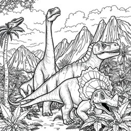 A detailed black and white coloring page illustration featuring a group of various realistic dinosaurs in a prehistoric setting