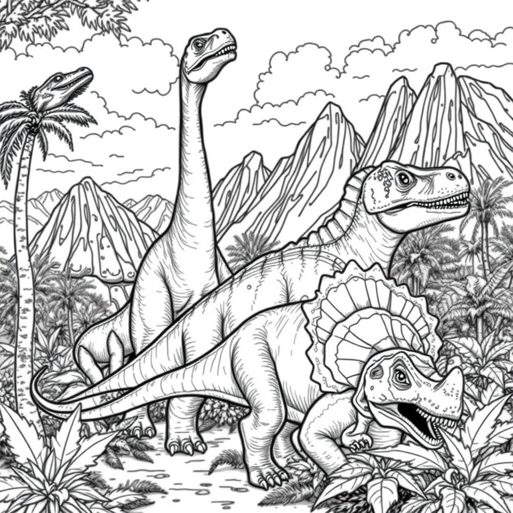 A detailed black and white coloring page illustration featuring a group of various realistic dinosaurs in a prehistoric setting