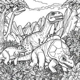 A detailed black and white coloring page illustration featuring a group of various realistic dinosaurs in a prehistoric setting