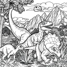 A detailed black and white coloring page illustration featuring a group of various realistic dinosaurs in a prehistoric setting