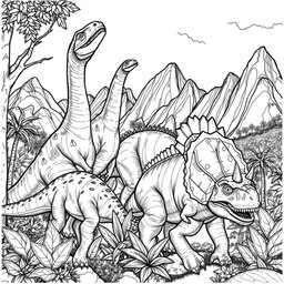 A detailed black and white coloring page illustration featuring a group of various realistic dinosaurs in a prehistoric setting