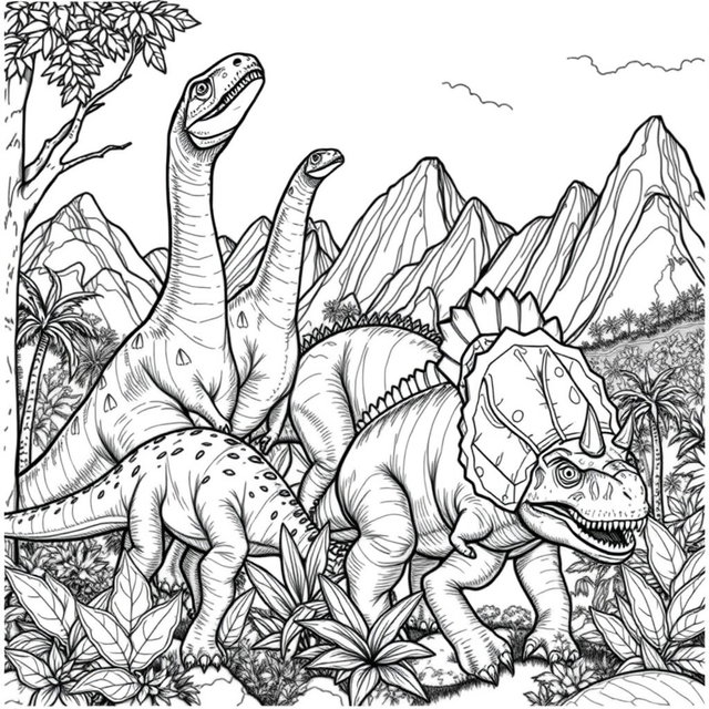 A detailed black and white coloring page illustration featuring a group of various realistic dinosaurs in a prehistoric setting