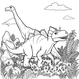 A detailed, black and white drawing designed for coloring, featuring a variety of dinosaurs in a playful prehistoric landscape