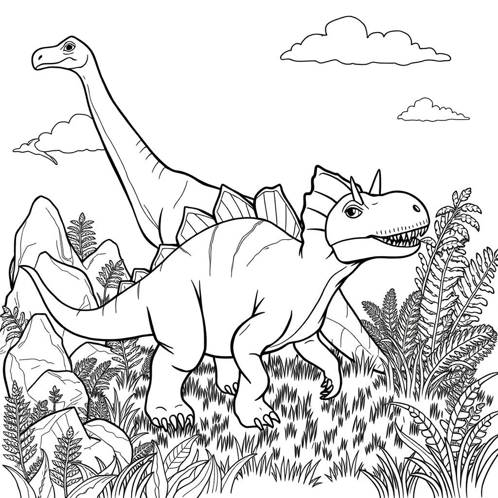 A detailed, black and white drawing designed for coloring, featuring a variety of dinosaurs in a playful prehistoric landscape