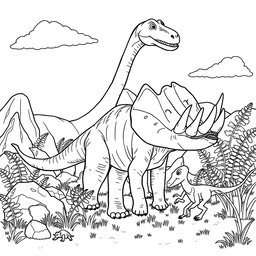 A detailed, black and white drawing designed for coloring, featuring a variety of dinosaurs in a playful prehistoric landscape
