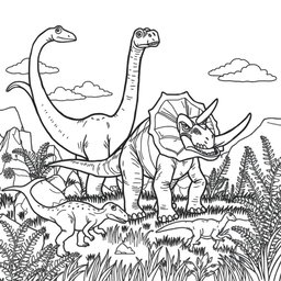 A detailed, black and white drawing designed for coloring, featuring a variety of dinosaurs in a playful prehistoric landscape