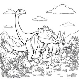 A detailed, black and white drawing designed for coloring, featuring a variety of dinosaurs in a playful prehistoric landscape