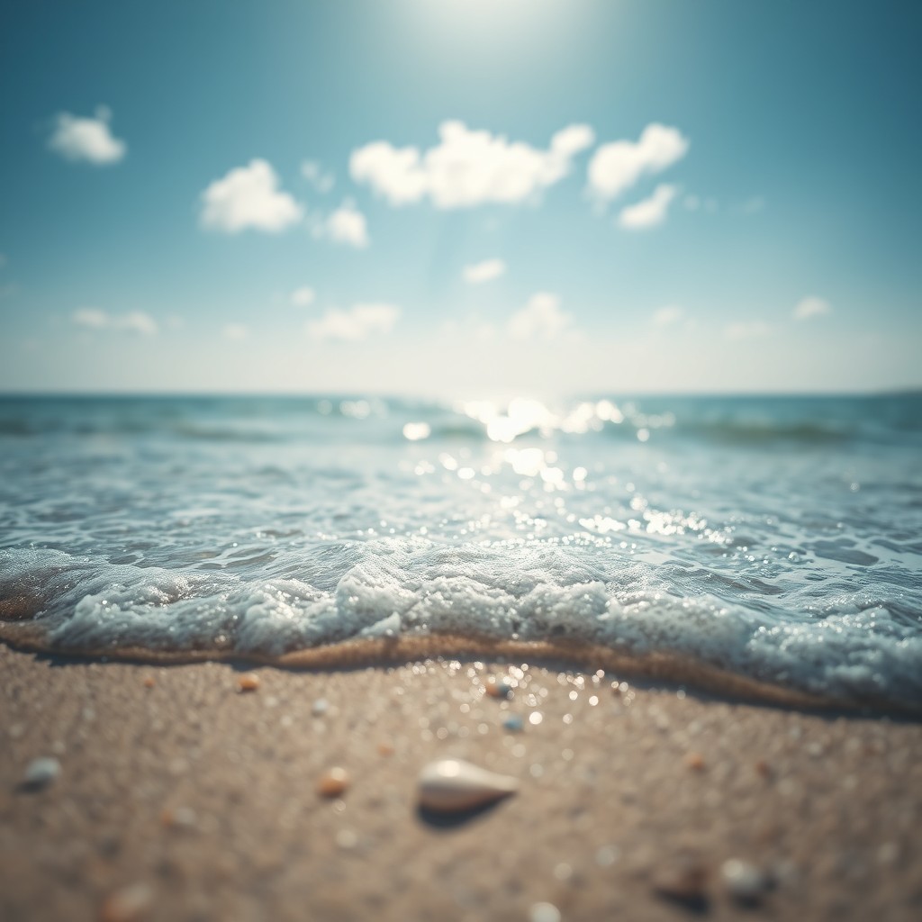 A realistic photograph of the shoreline where small waves gently lap at the beach