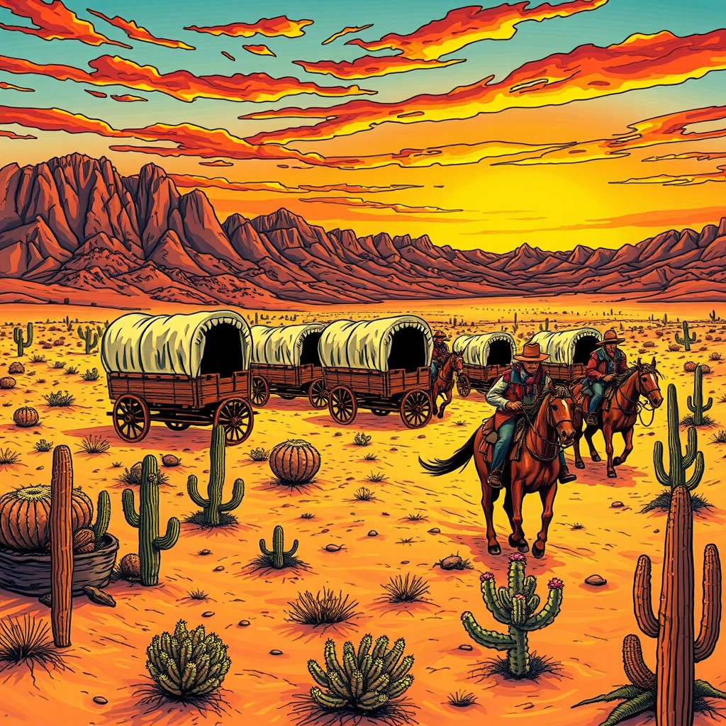 A vibrant tattoo-style illustration depicting a Wild West scene featuring a caravan of covered wagons surrounded by cowboys on horseback