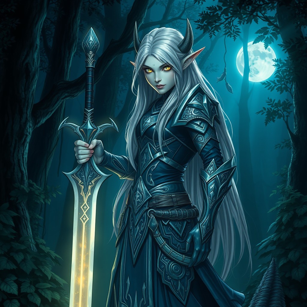 A night elf warrior standing confidently, holding a beautifully crafted sword, illuminated by moonlight in an enchanted forest