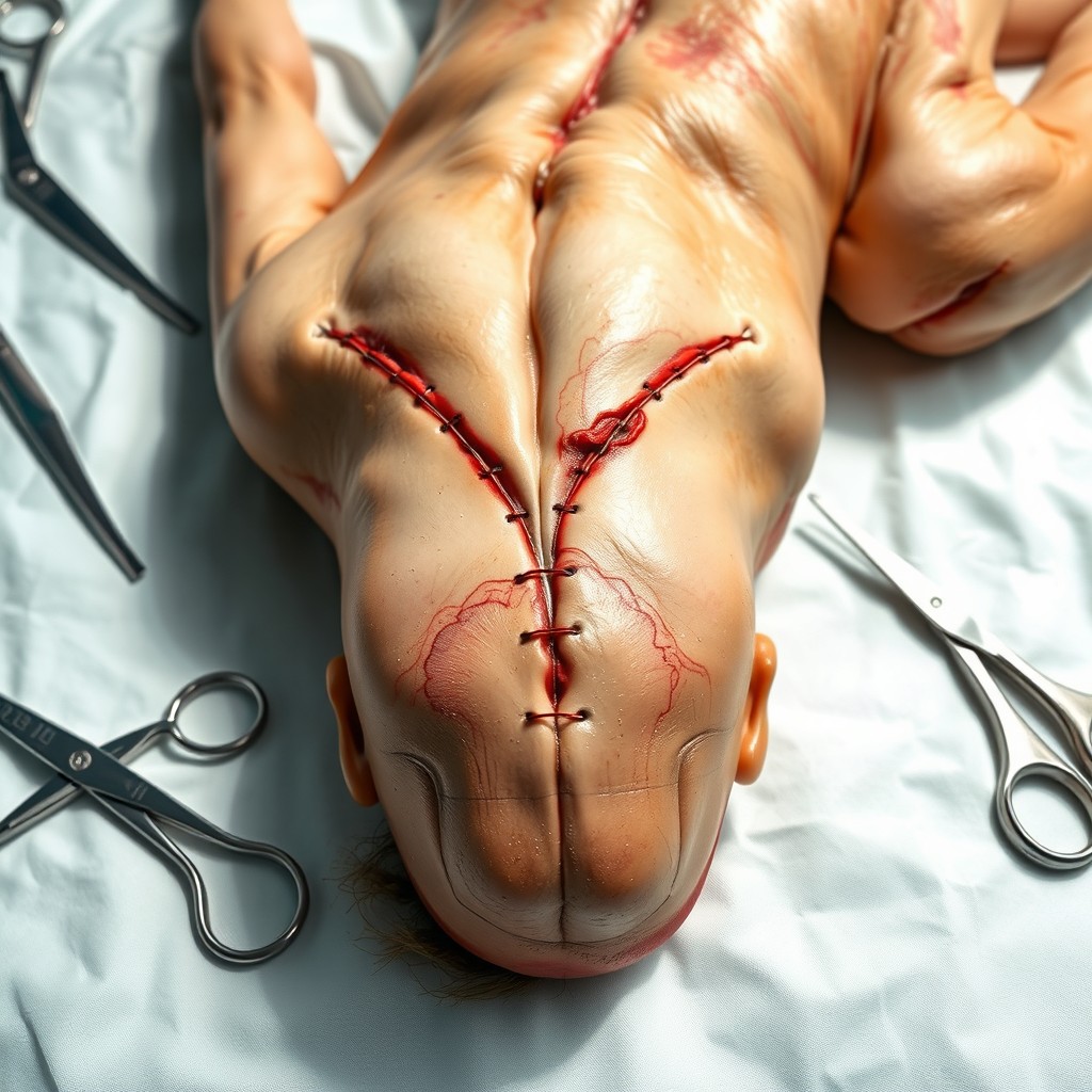 A detailed and clinical depiction of a post-autopsy scene highlighting a meticulously executed Y-shaped incision on a cadaver, showing the suturing technique in detail