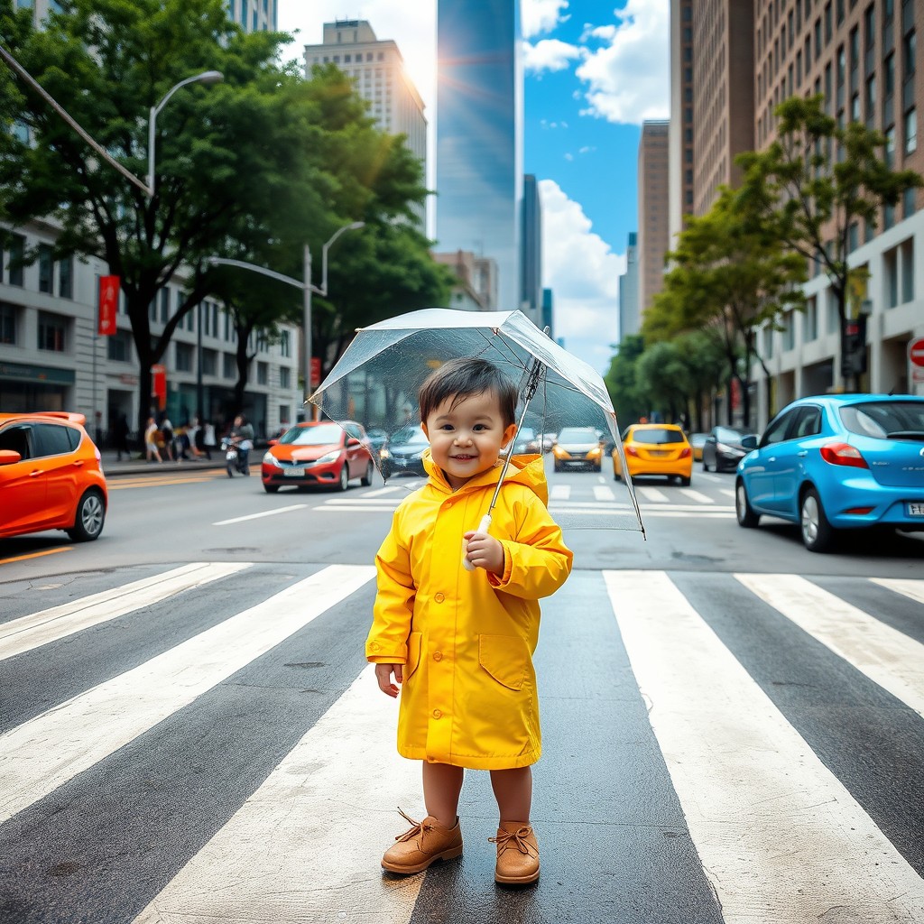 A vibrant urban scene featuring a young child standing confidently in front of a zebra crossing, with colorful cars moving around