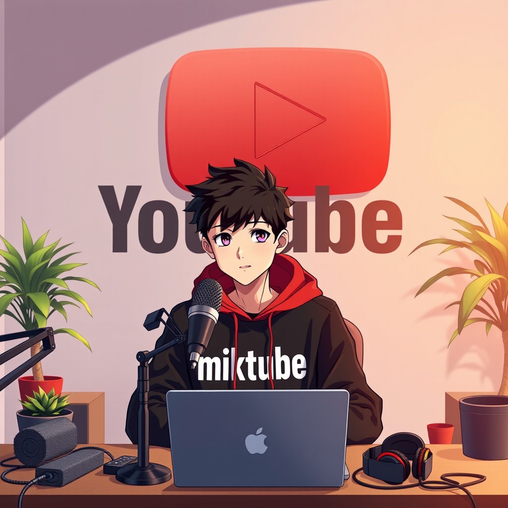 An 18-year-old anime boy sitting in front of a computer desk, wearing a black and red hoodie with the channel name 'hikmat khan' prominently displayed on it