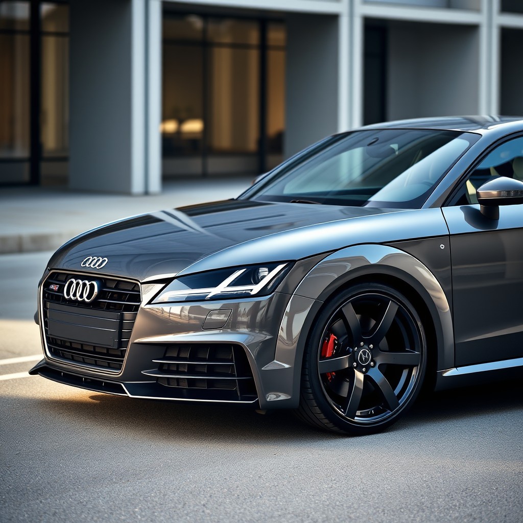A stunning 2015 Audi TTS in dark gray (cinza escuro) featuring sleek black 16-inch rims and eye-catching black brake calipers