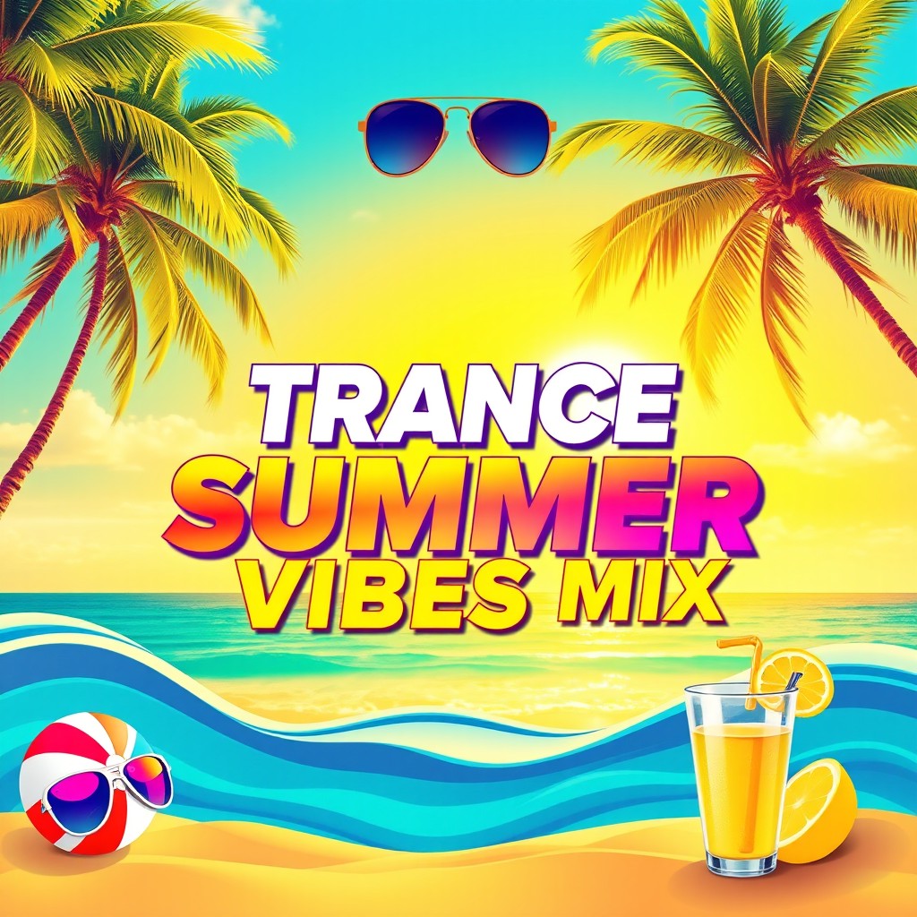 A vibrant and colorful design for a trance summer vibes mix CD cover, featuring a sunny beach scene with palm trees swaying in the breeze, bright blue skies, and a golden sunset casting warm hues