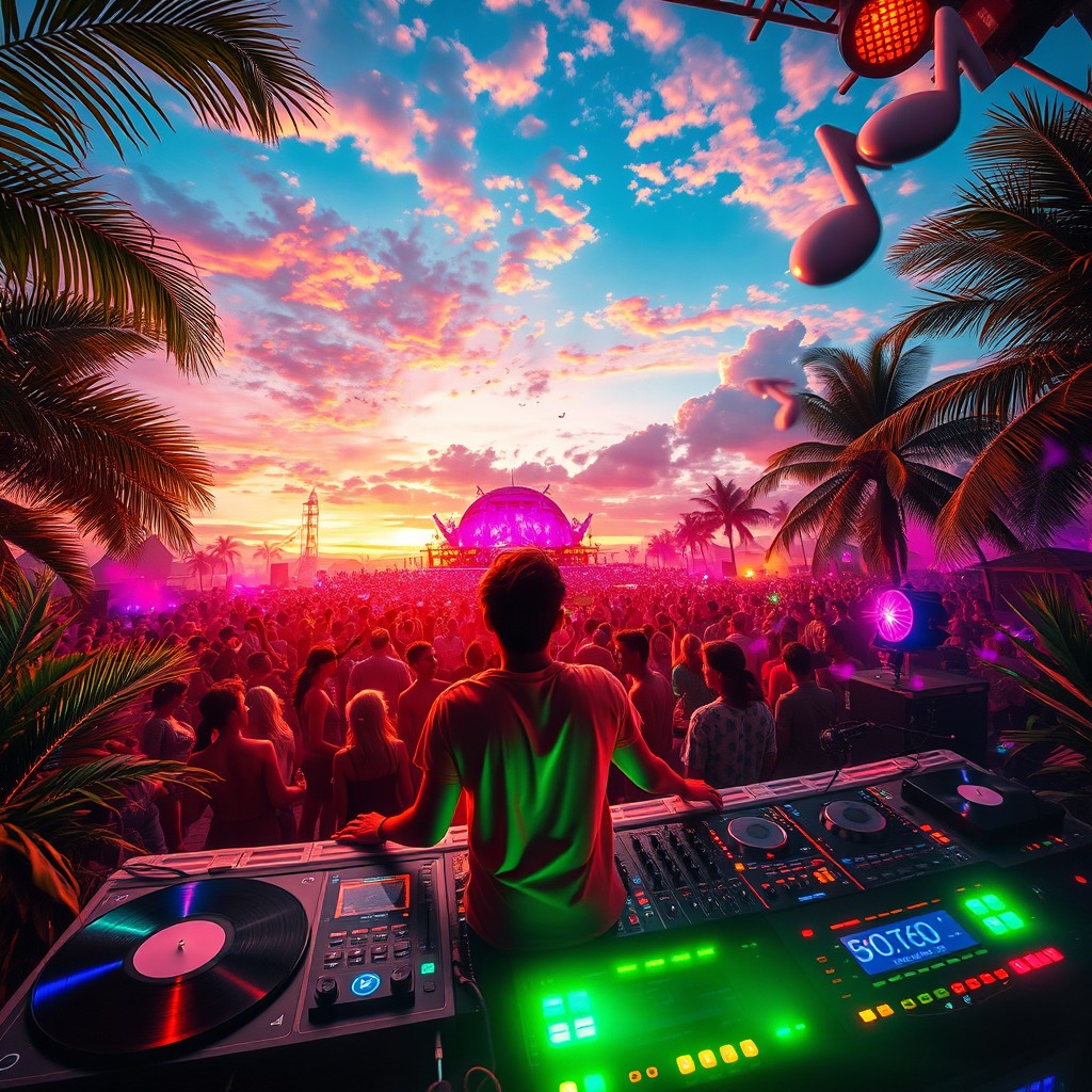 A vibrant, dreamlike summer festival scene under a stunning sunset sky, with colorful lights illuminating the atmosphere