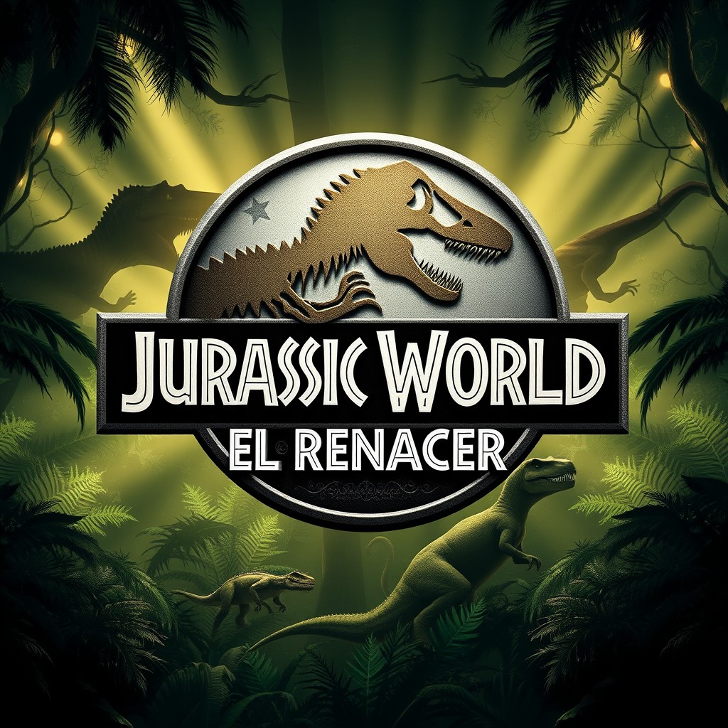 A dramatic movie poster featuring the title "Jurassic World: El Renacer" in a style reminiscent of classic Jurassic Park films