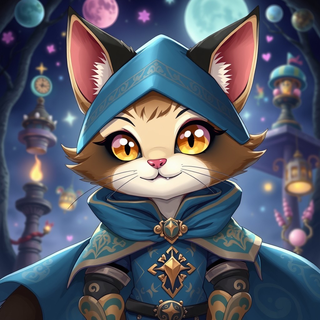 A 2D anime character depicting a cheerful cat demihuman magician, inspired by the whimsical style of Alice in Wonderland