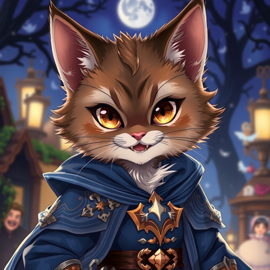 A 2D anime character depicting a mischievous cat demihuman magician with a more mature and realistic style