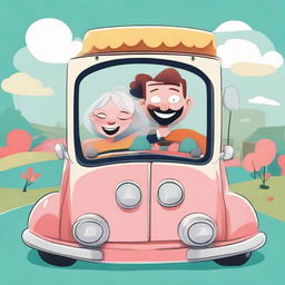 A whimsical cartoon image of a man and woman merrily seated inside a quirky, animated car