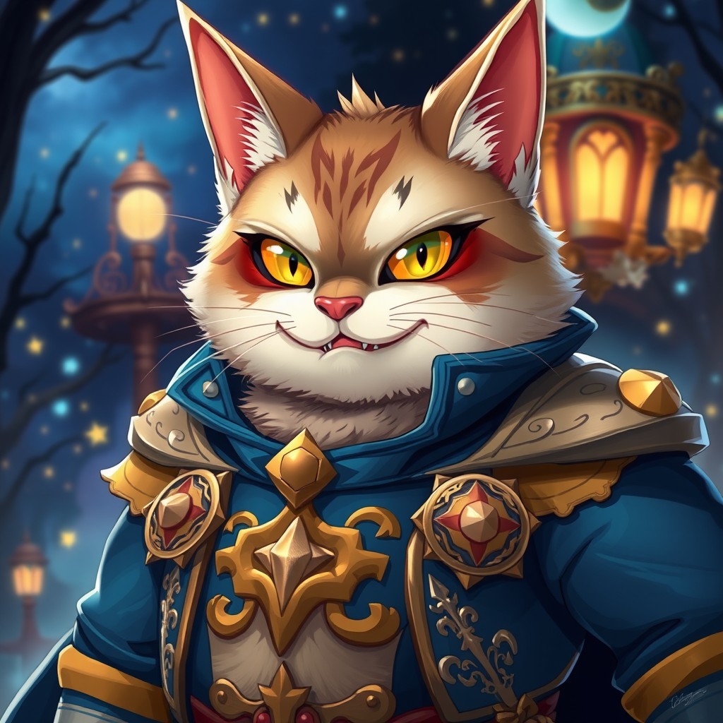 A 2D anime character depicting a strong, slightly chubby, adult cat demihuman magician with a realistic and mature design, inspired by the whimsical elements of Alice in Wonderland