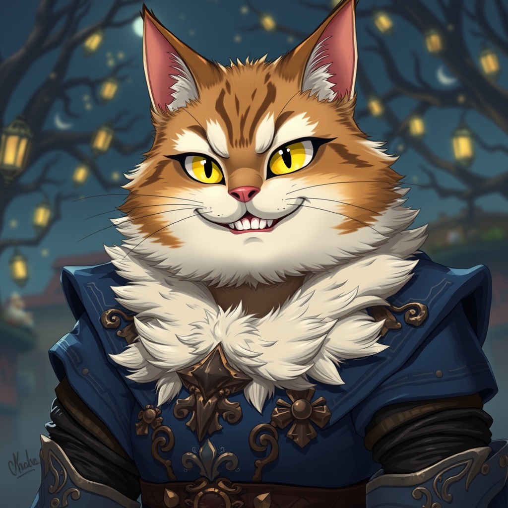 A 2D anime character illustrating a strong, slightly chubby cat demihuman magician, designed with a mature and realistic aesthetic